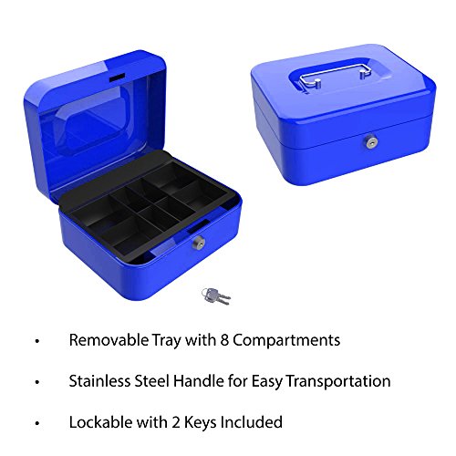 Blue 8-Inch Key Lock Cash Box with Coin Tray Y470324