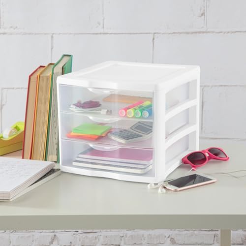4-Pack 3 Drawer Plastic Desktop Organizer with Clear Drawers, White Frame F422