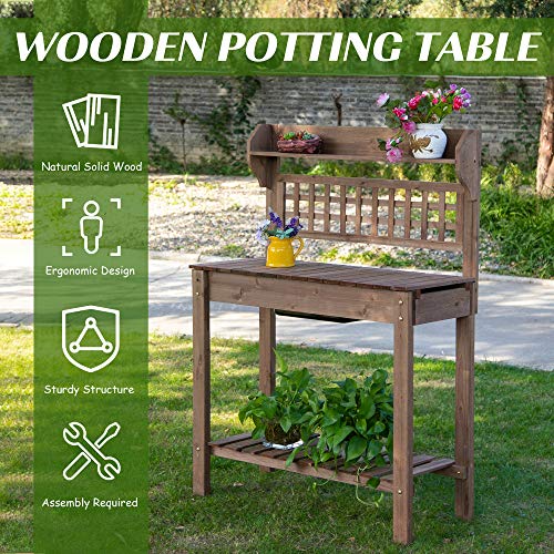 Brown Wooden Potting Bench Table with Sliding Tabletop and Storage Shelf X443