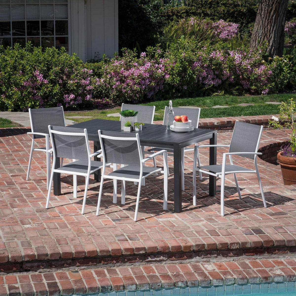 7-Piece Gray White Sling Chairs and Dining Table Outdoor Furniture R16051