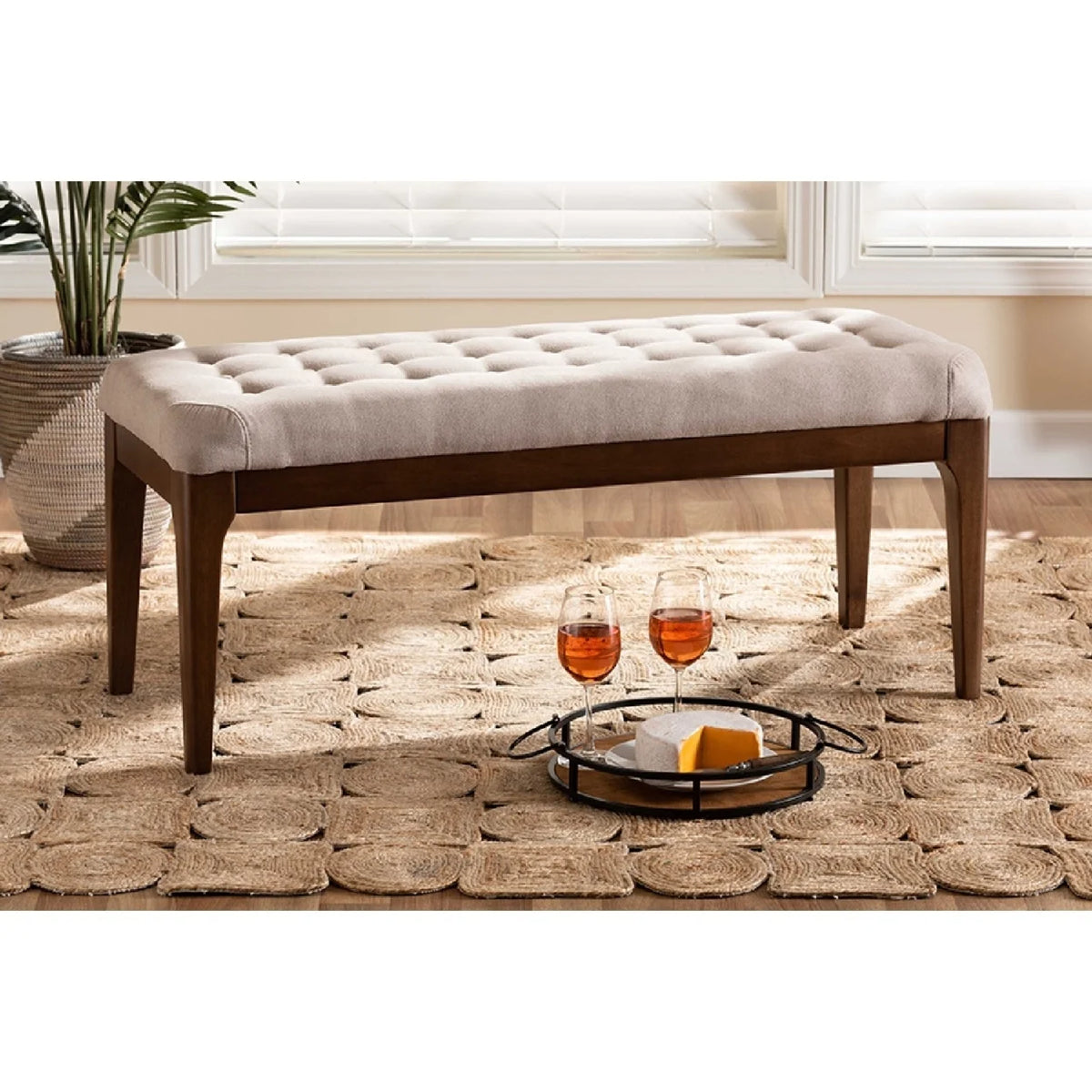 Beige Fabric Upholstered Walnut Brown Wood Dining Bench J25302