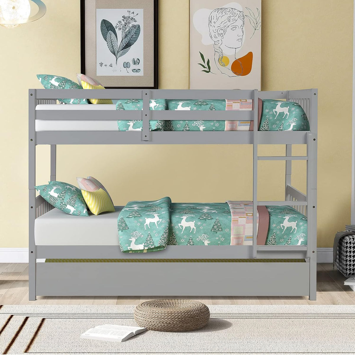 Twin Over Twin Solid Wood Bunk Beds with Trundle and Safety Rail and Ladder S9852