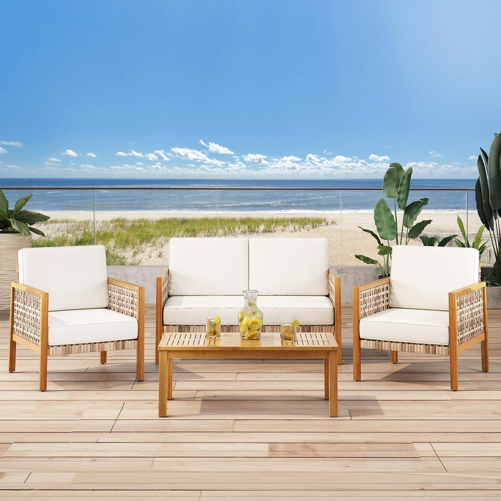 Outdoor 4 Seater Acacia Wood Chat Set with Wicker Accents, Teak Finish C55461