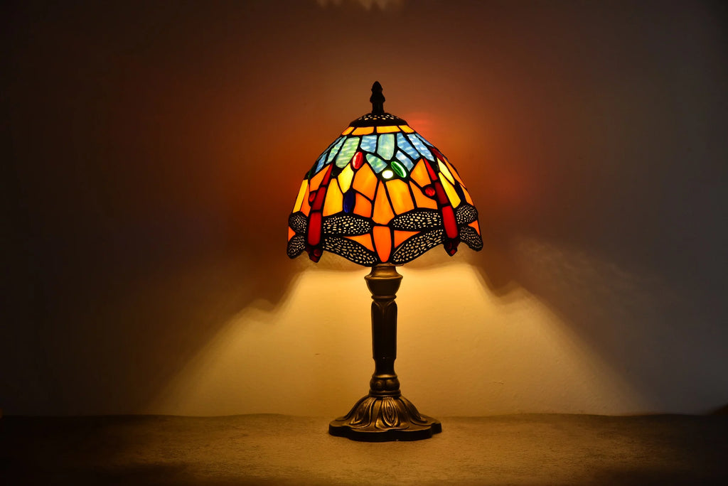 Tiffany Table Lamp Stained Glass Red Bronze Desk Light X153