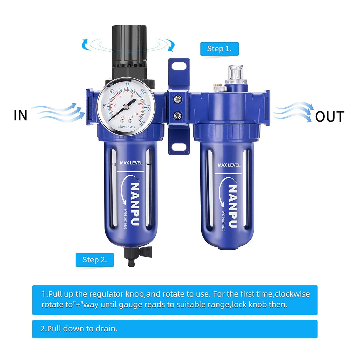 3/8 NPT Compressed Air Filter Regulator Lubricator, Zinc Alloy, 5 Micron, 0-150 psi W22768