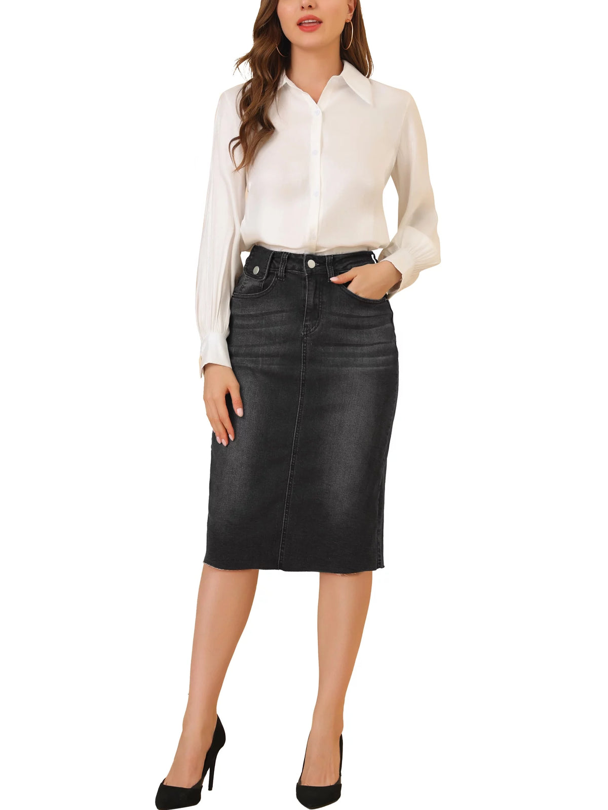 Black Denim Midi Skirt I415952
