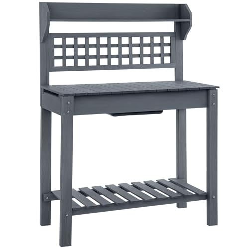 Brown Wooden Potting Bench Table with Sliding Tabletop and Storage Shelf X443