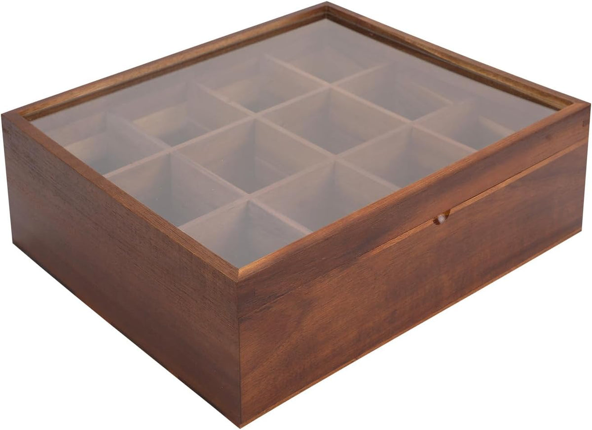 Acacia Wooden Tea Bag Organizer with 12 Compartments and Clear Acrylic Top Window W431