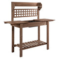 Brown Wooden Potting Bench Table with Sliding Tabletop and Storage Shelf X443