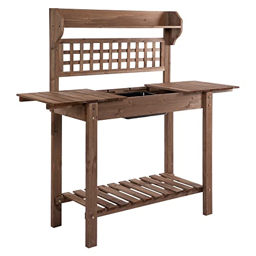 Brown Wooden Potting Bench Table with Sliding Tabletop and Storage Shelf X443