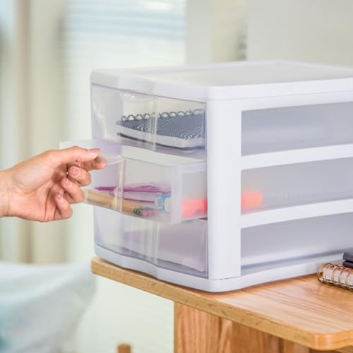 4-Pack 3 Drawer Plastic Desktop Organizer with Clear Drawers, White Frame F422