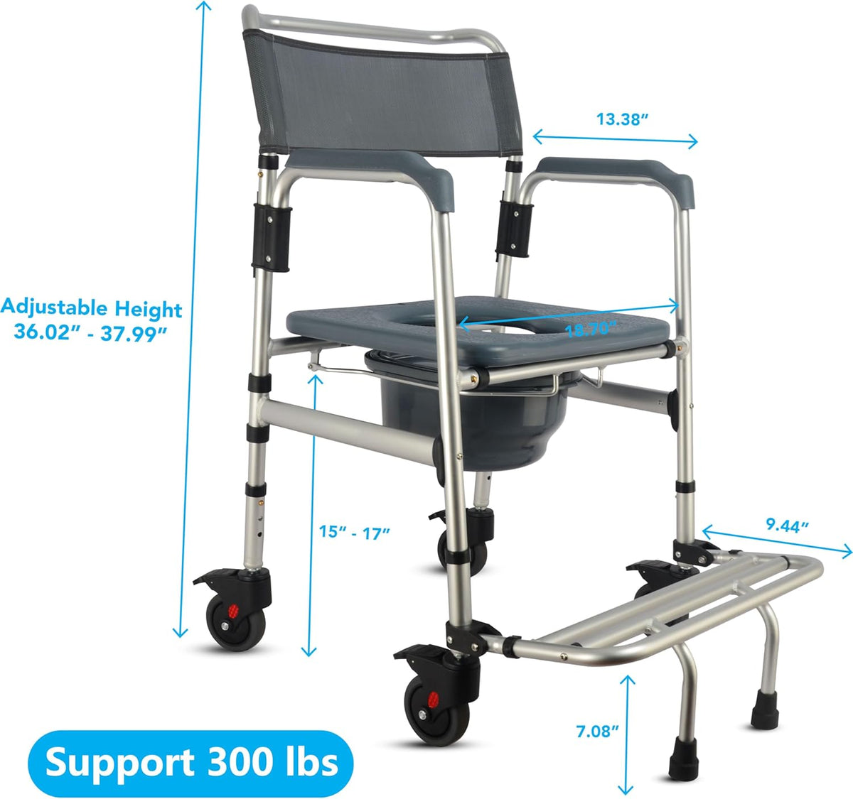 3-in-1 Aluminum Bedside Commode Toilet Shower Chair with Swivel Wheels T9413