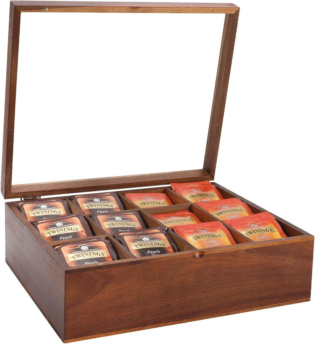 Acacia Wooden Tea Bag Organizer with 12 Compartments and Clear Acrylic Top Window W431