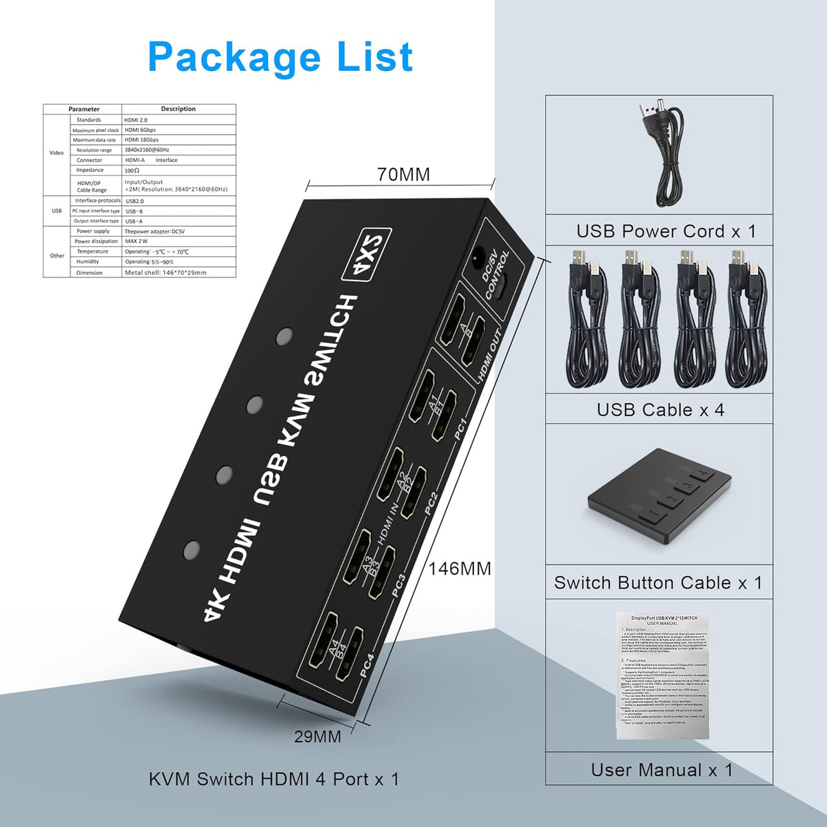 4 Port HDMI KVM Switch 4K@60Hz 4 in 2 Out Y392850