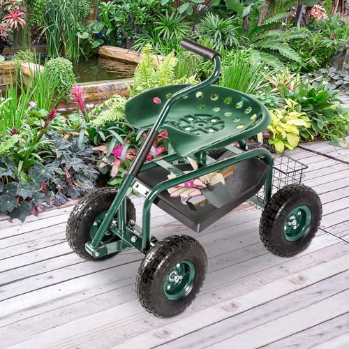 Blue Garden Cart with Rolling Work Seat Tool Tray and Storage Basket on Wheels K1076