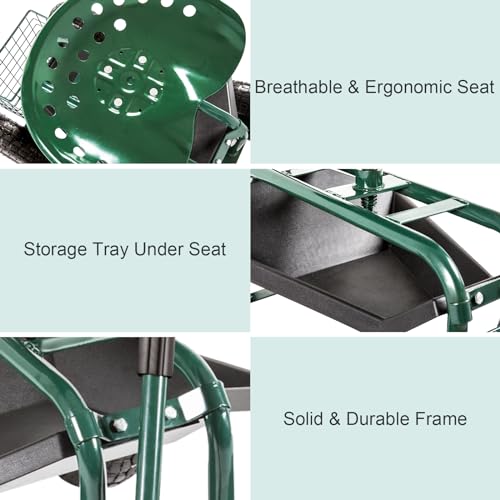 Blue Garden Cart with Rolling Work Seat Tool Tray and Storage Basket on Wheels K1076