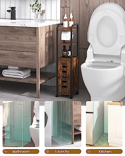 Black Bathroom Storage Cabinet with 4 Wheels and Adjustable Shelf E95059