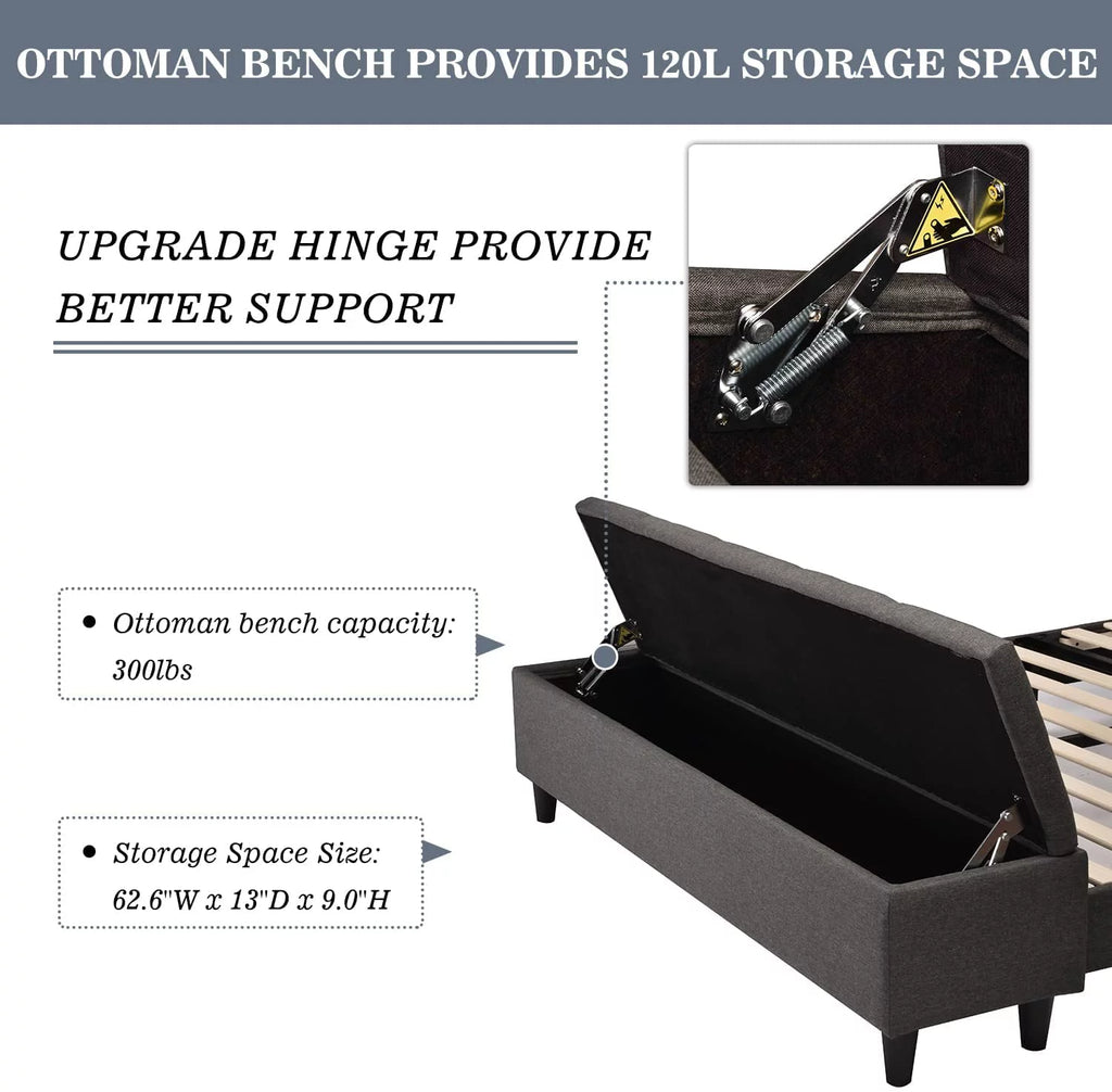 Queen Size Upholstered Platform Bed Frame with Storage Bench, Dark Grey J473386