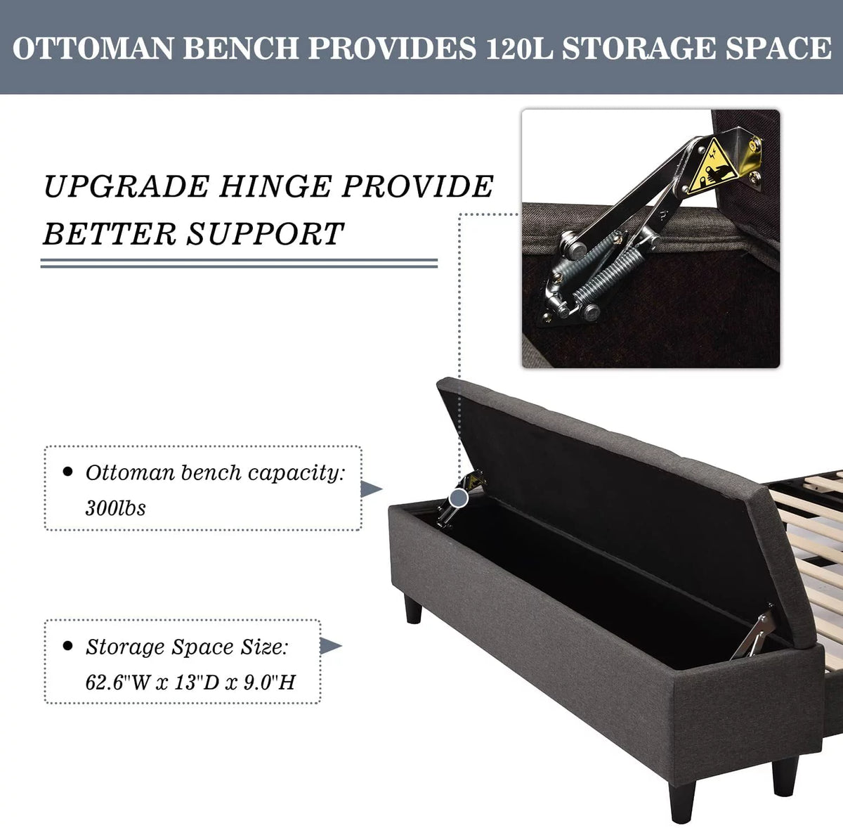 Queen Size Upholstered Platform Bed Frame with Storage Bench, Dark Grey J473386