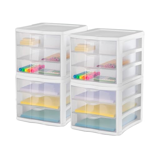 4-Pack 3 Drawer Plastic Desktop Organizer with Clear Drawers, White Frame F422