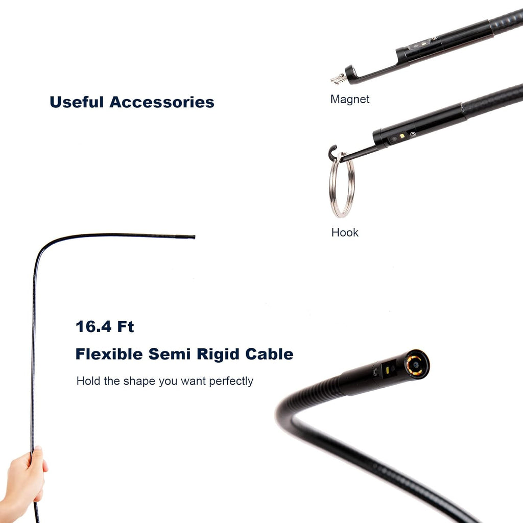 Triple-Lens Borescope Inspection Camera with Light, 1080P HD 7.9mm IP67 Waterproof, 16.4Ft Cable, 5 IPS Screen J832456