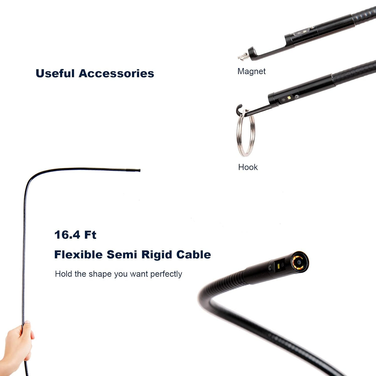 Triple-Lens Borescope Inspection Camera with Light, 1080P HD 7.9mm IP67 Waterproof, 16.4Ft Cable, 5 IPS Screen J832456