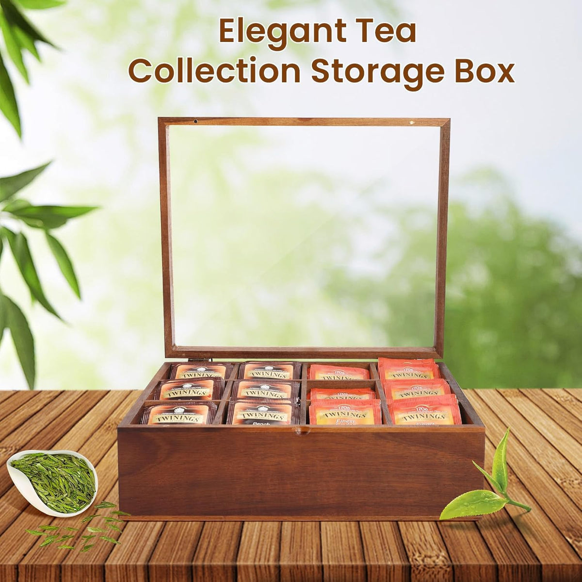 Acacia Wooden Tea Bag Organizer with 12 Compartments and Clear Acrylic Top Window W431