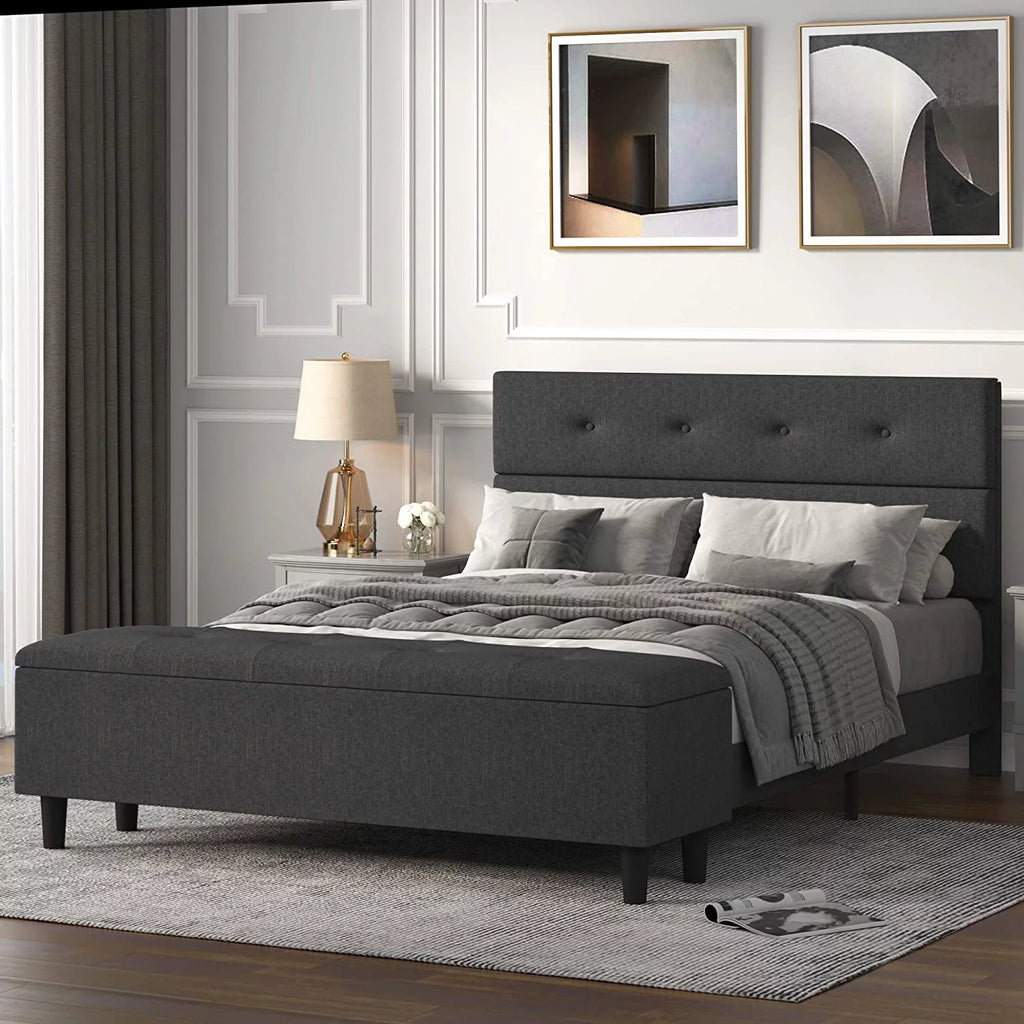 Queen Size Upholstered Platform Bed Frame with Storage Bench, Dark Grey J473386