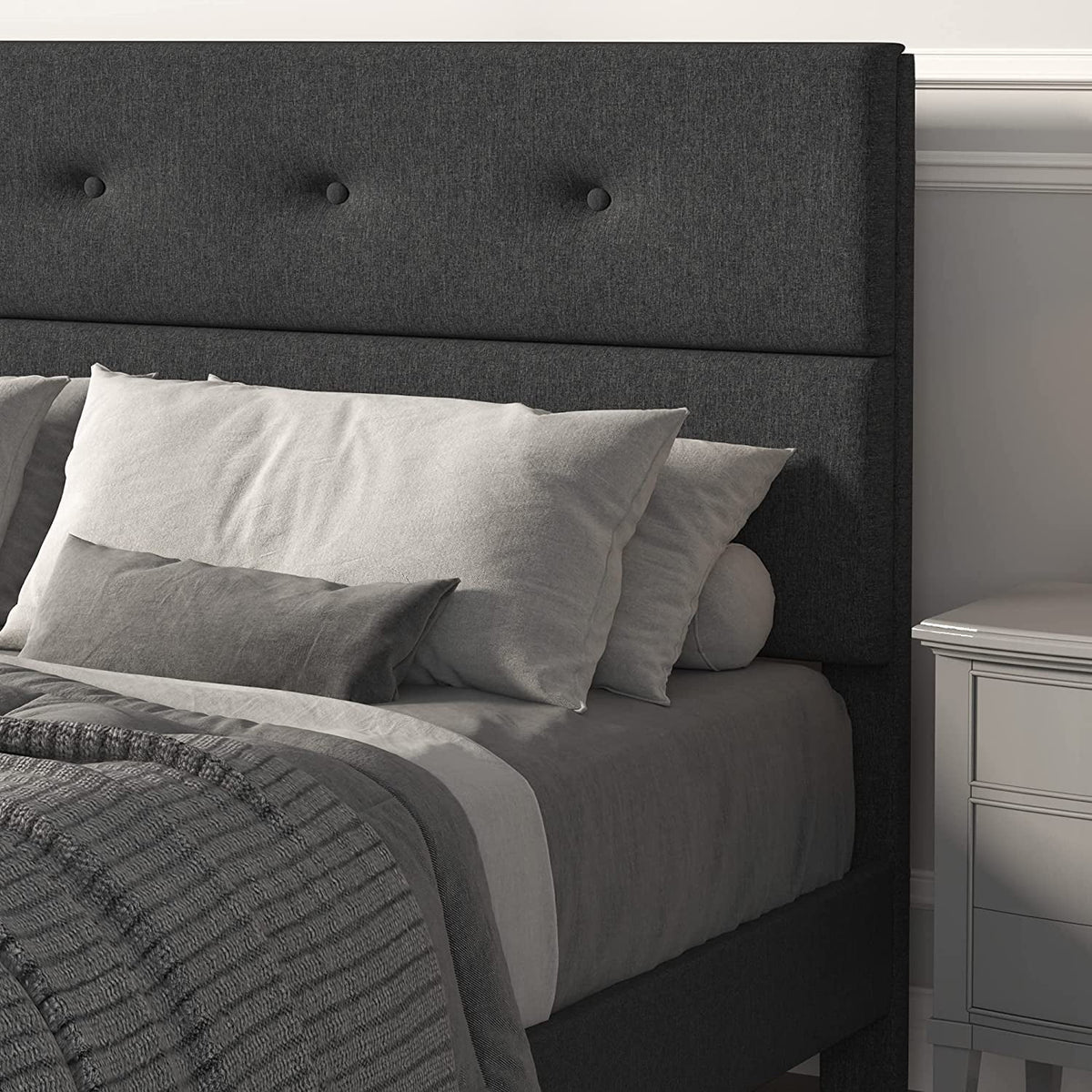 Queen Size Upholstered Platform Bed Frame with Storage Bench, Dark Grey J473386