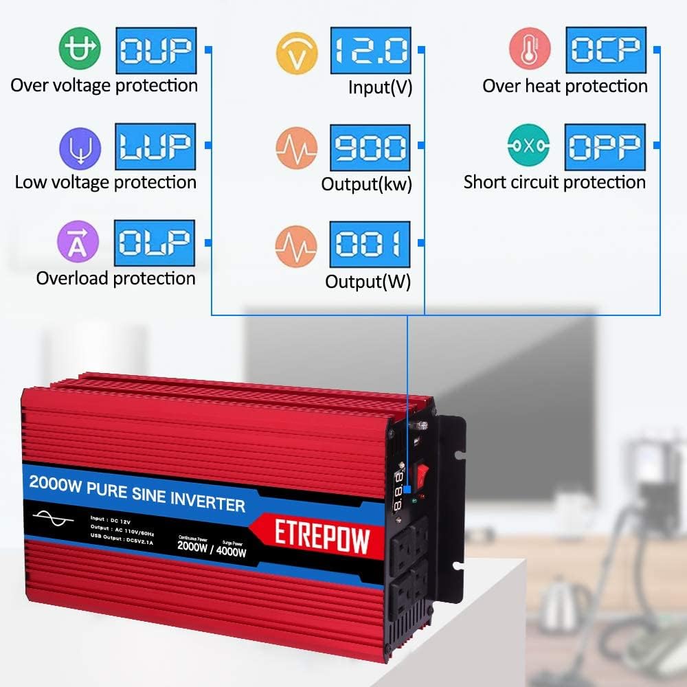 2000 Watt Pure Sine Wave Power Inverter 12V DC to 110V AC G912829