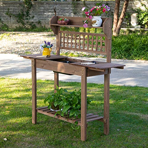 Brown Wooden Potting Bench Table with Sliding Tabletop and Storage Shelf X443