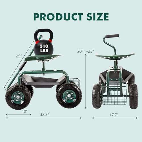 Blue Garden Cart with Rolling Work Seat Tool Tray and Storage Basket on Wheels K1076