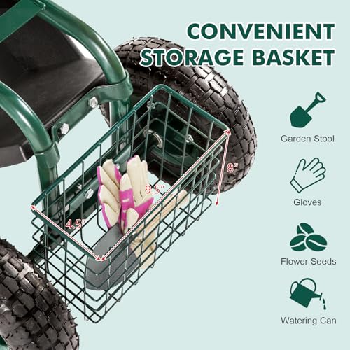 Blue Garden Cart with Rolling Work Seat Tool Tray and Storage Basket on Wheels K1076