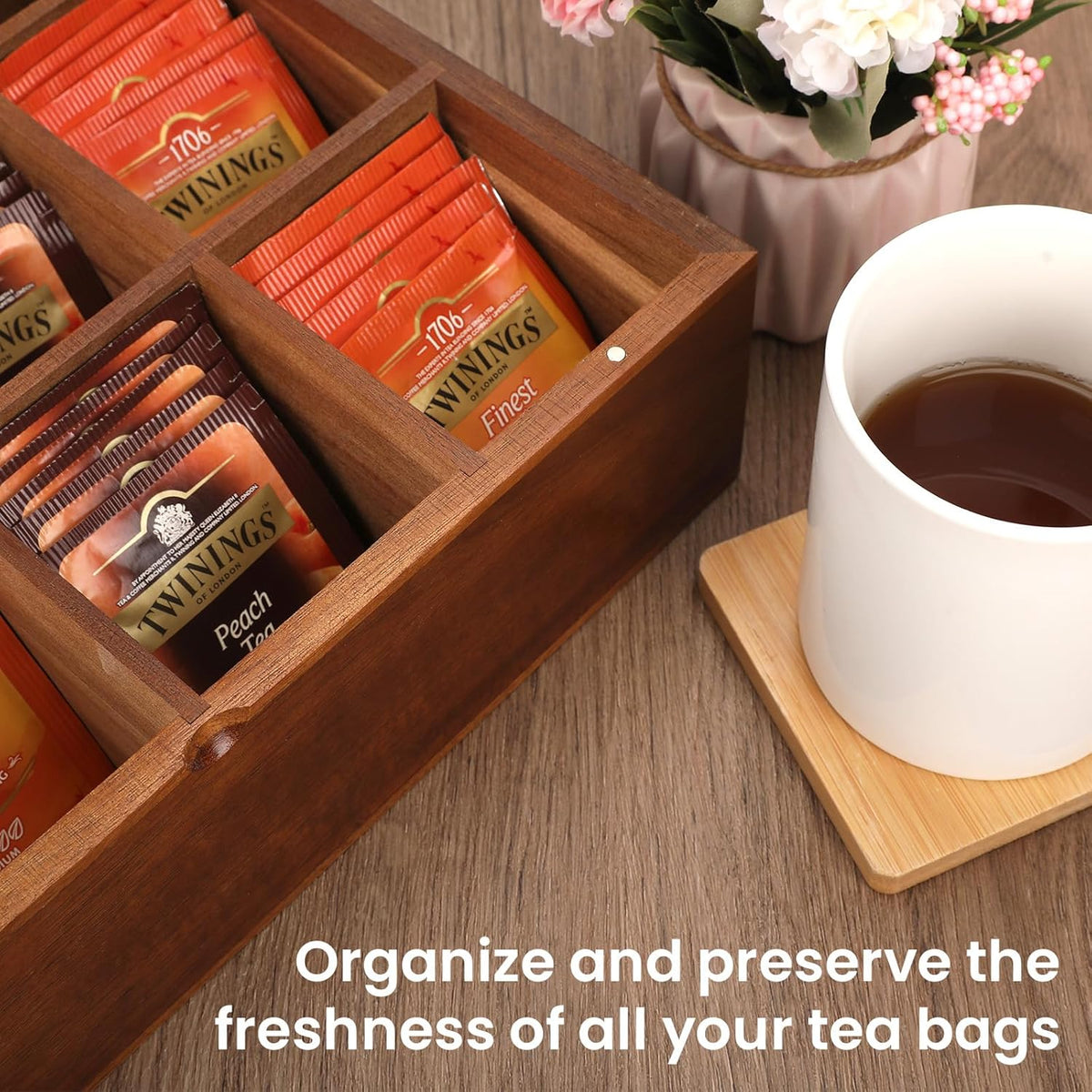 Acacia Wooden Tea Bag Organizer with 12 Compartments and Clear Acrylic Top Window W431