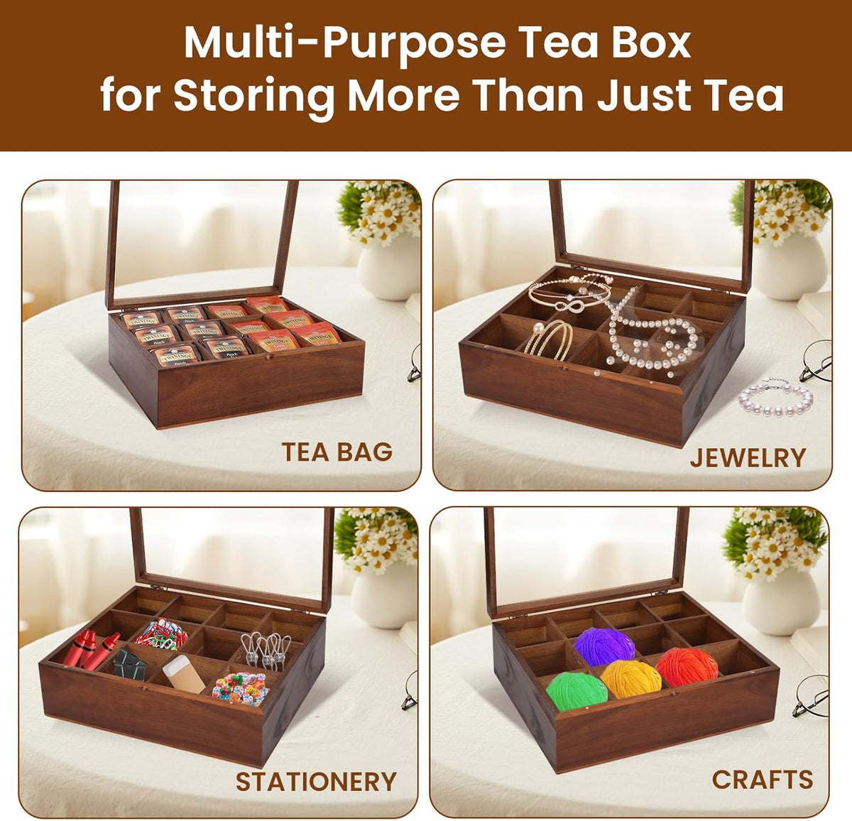 Acacia Wooden Tea Bag Organizer with 12 Compartments and Clear Acrylic Top Window W431