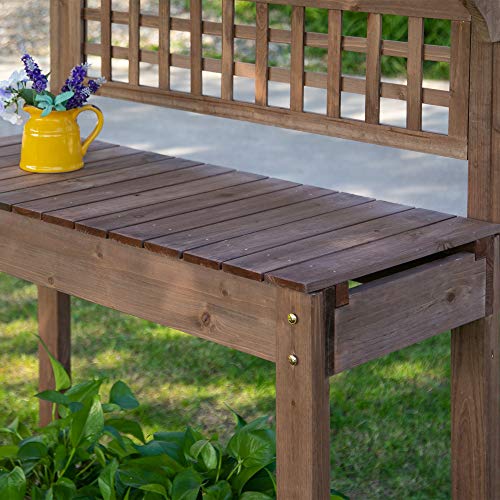 Brown Wooden Potting Bench Table with Sliding Tabletop and Storage Shelf X443