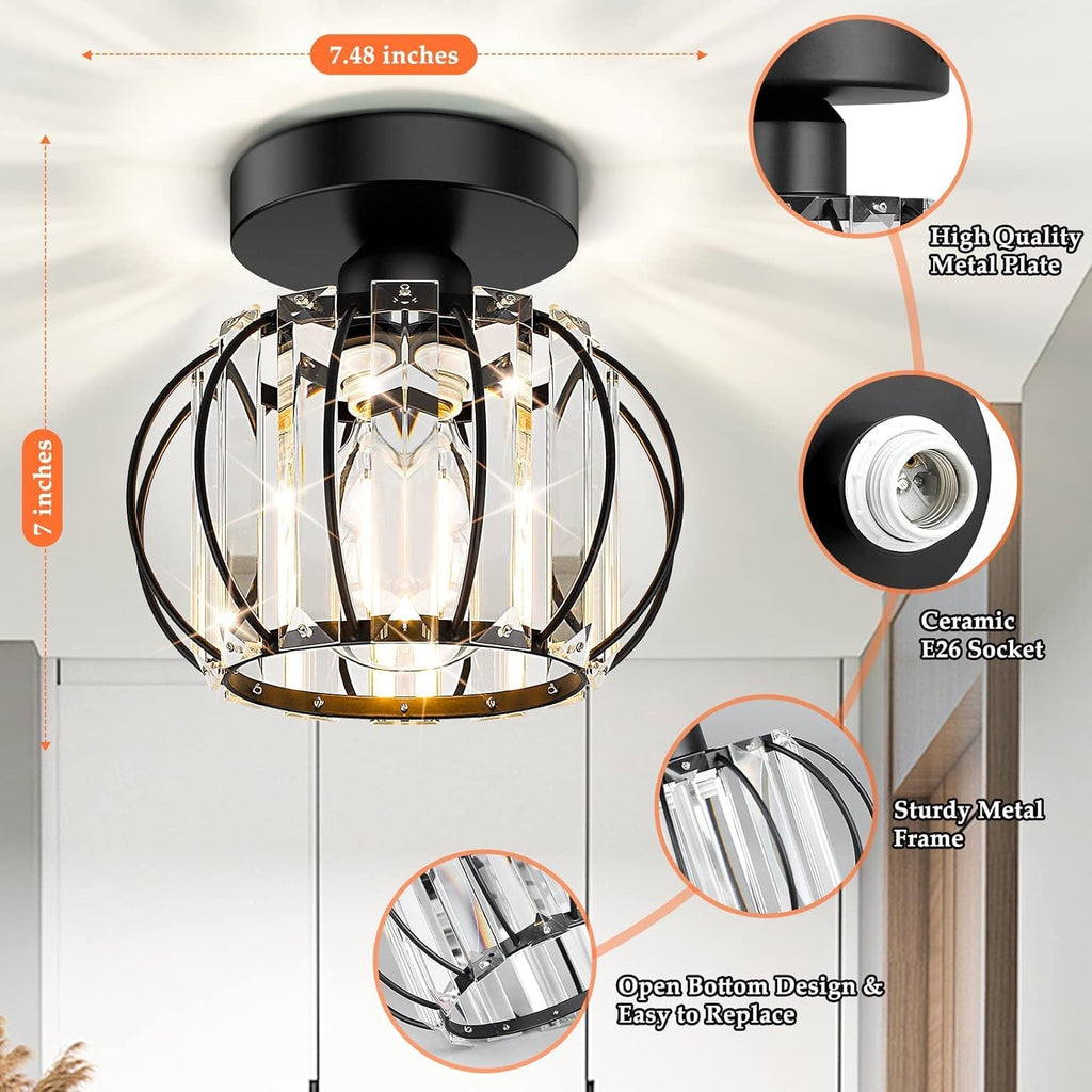 2-Pack Semi Flush Mount Ceiling Light Fixtures Small Crystal Black Metal Cage Indoor Z217