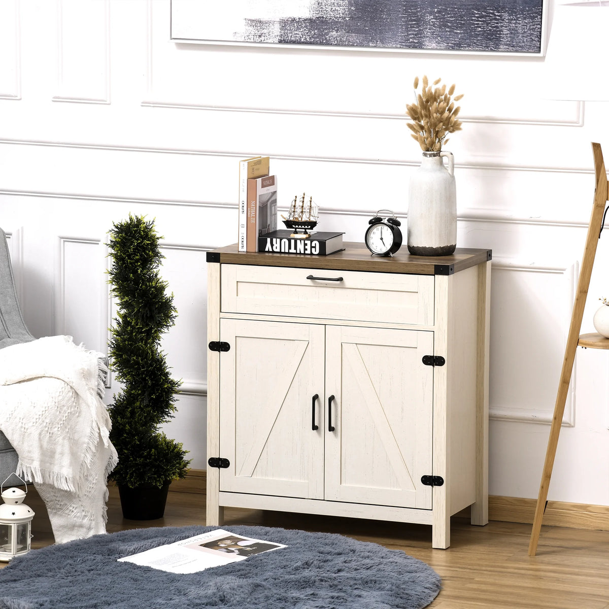 White Wooden Sideboard Buffet Cabinet with Drawer and Adjustable Shelf C64494