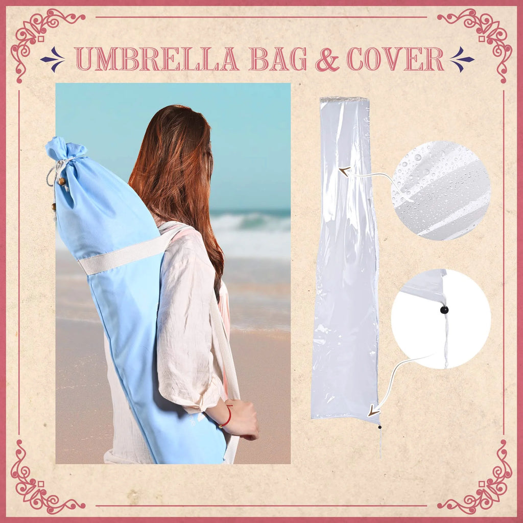 6Ft Fringe Patio Umbrella with Tassels & Carry Bag Wood Blue P7355