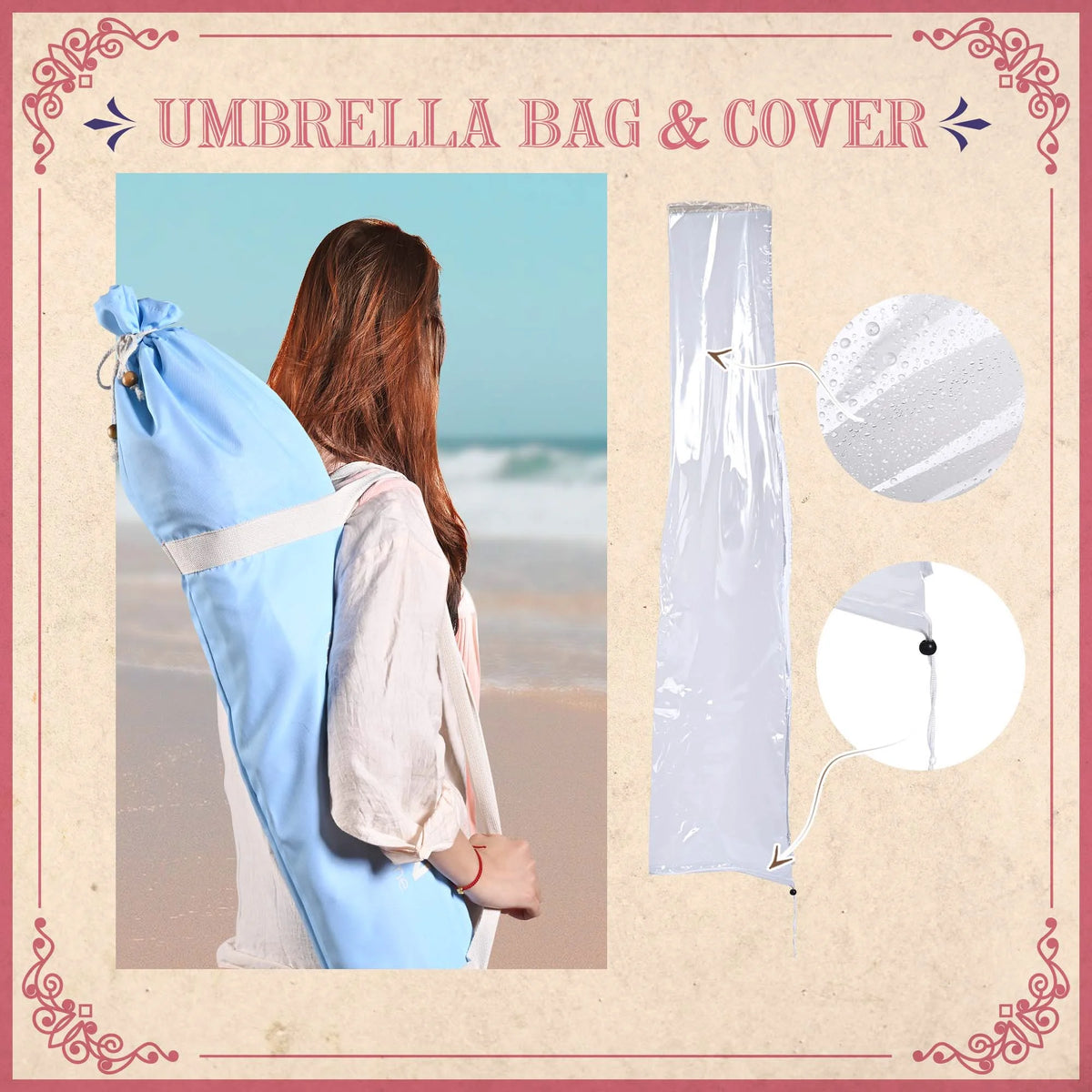 6Ft Fringe Patio Umbrella with Tassels & Carry Bag Wood Blue P7355