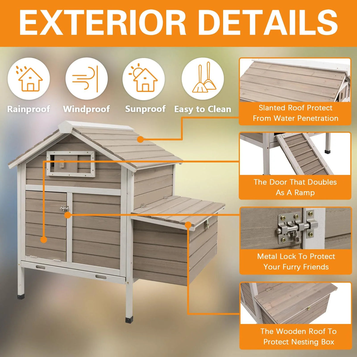 Grey Wooden Chicken Coop with Nesting Box and Ramp W786