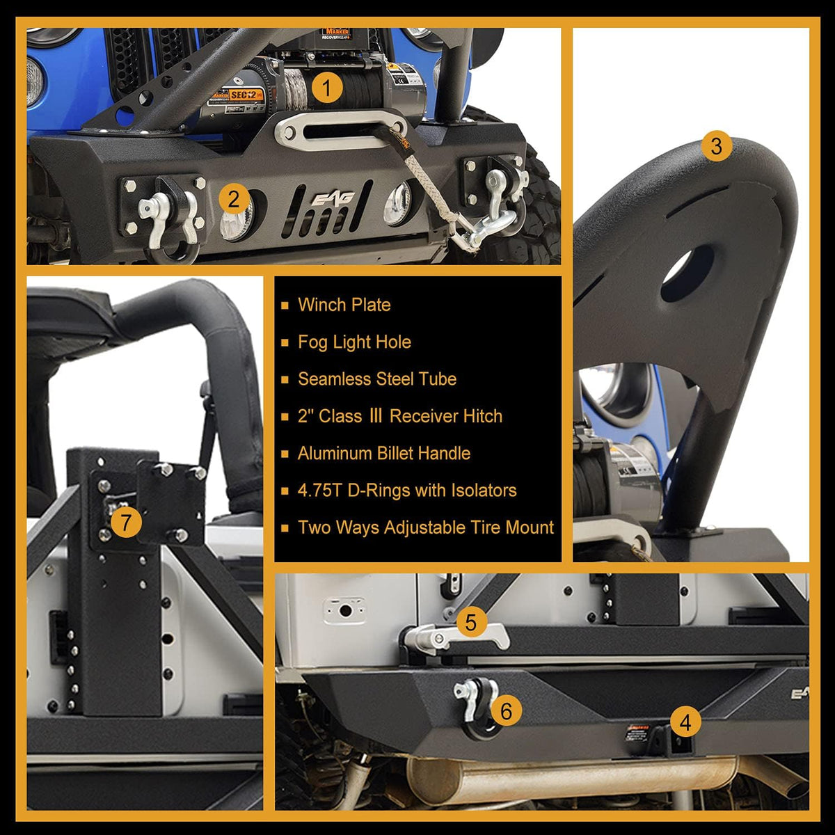 Front Bumper Stinger and Rear Bumper with Tire Carrier Bumper Combo J373898