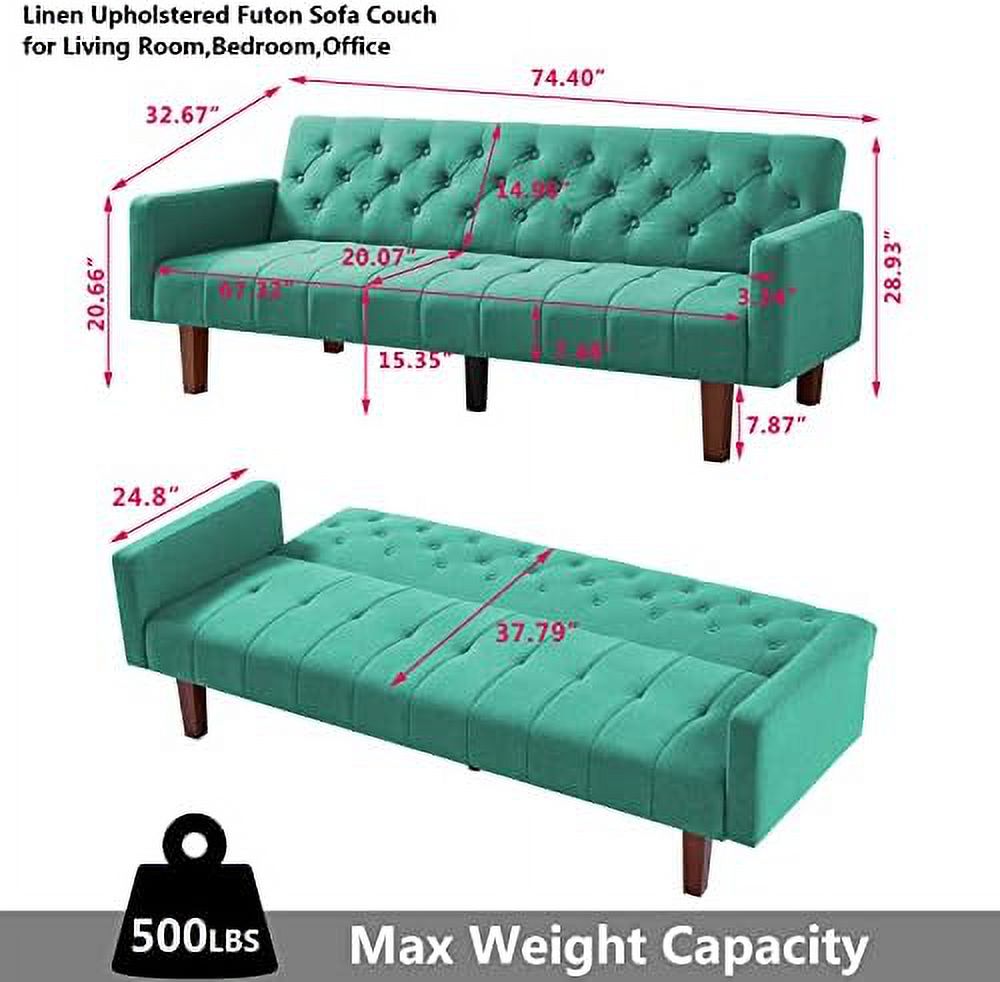 Green Linen Upholstered Convertible Sofa Bed 74" 3 Seater V892