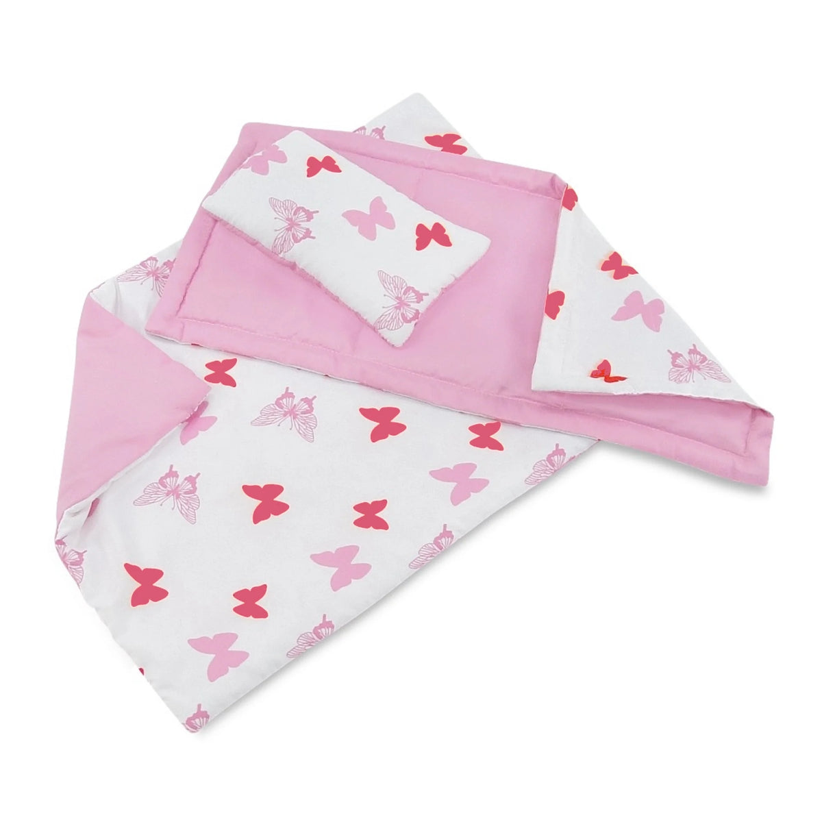 18 Inch Doll Bed with Matching Doll PJs Pajamas and 3 Piece Reversible Doll Bedding Set B3511