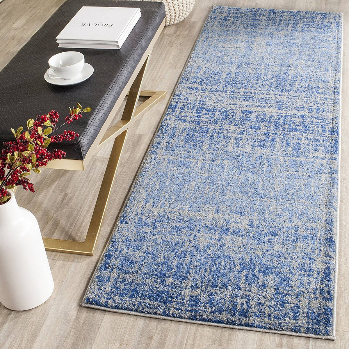Blue and Silver Abstract Distressed Rug T64956