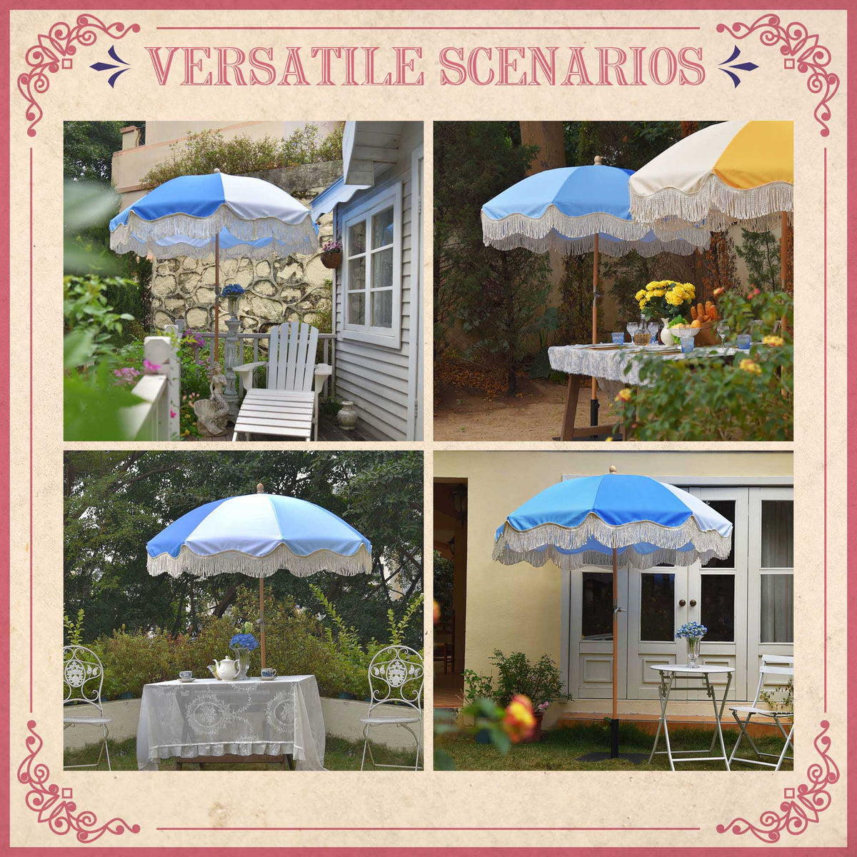 6Ft Fringe Patio Umbrella with Tassels & Carry Bag Wood Blue P7355