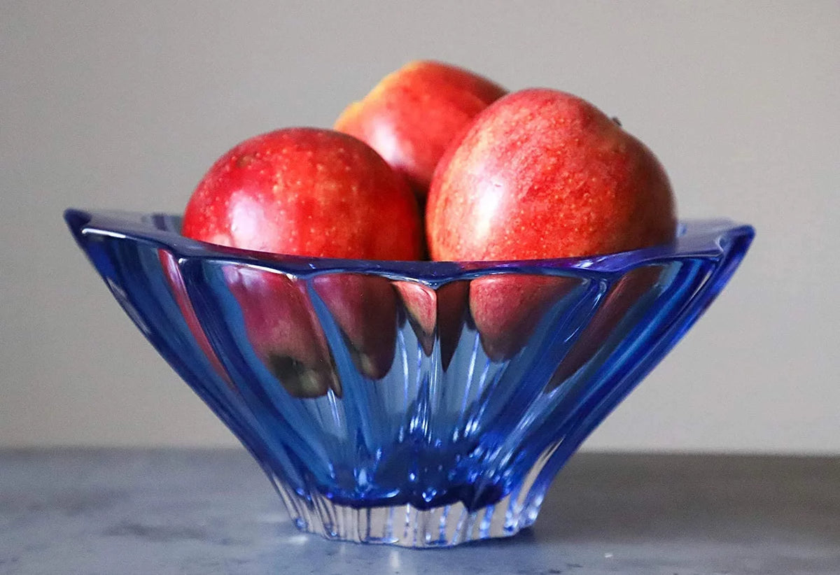 Bohemian Crystal Glass Bowl-Vase 8''-Dia Blue Vintage Centerpiece H362