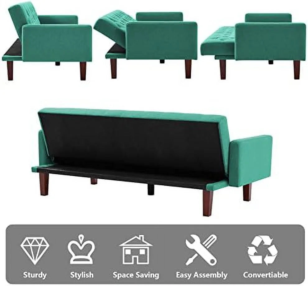 Green Linen Upholstered Convertible Sofa Bed 74" 3 Seater V892