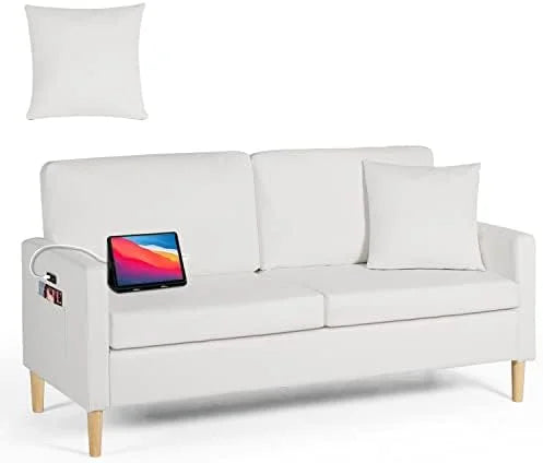 White Faux Leather 2-Seat Loveseat Sofa with Pillows A6770
