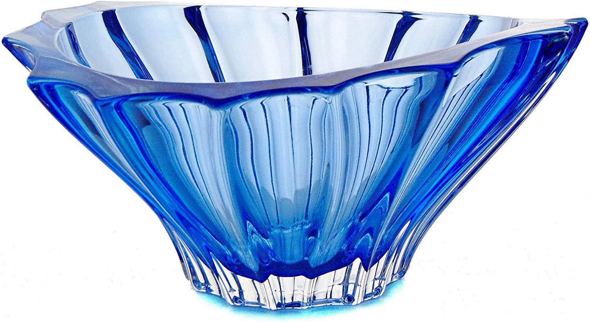 Bohemian Crystal Glass Bowl-Vase 8''-Dia Blue Vintage Centerpiece H362